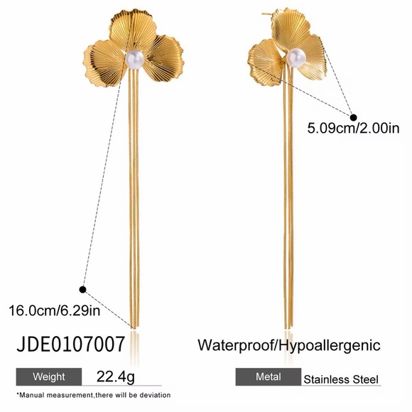 18K Gold Plated Floral Pearl Tassel Drop Earrings - Picture 5 of 6